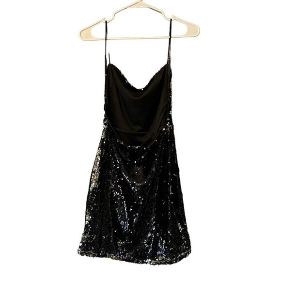 Lucy in the Sky Black Sequin‎ Mini Dress Open Tie Back Size Small Party Preppy - Picture 2 of 8
